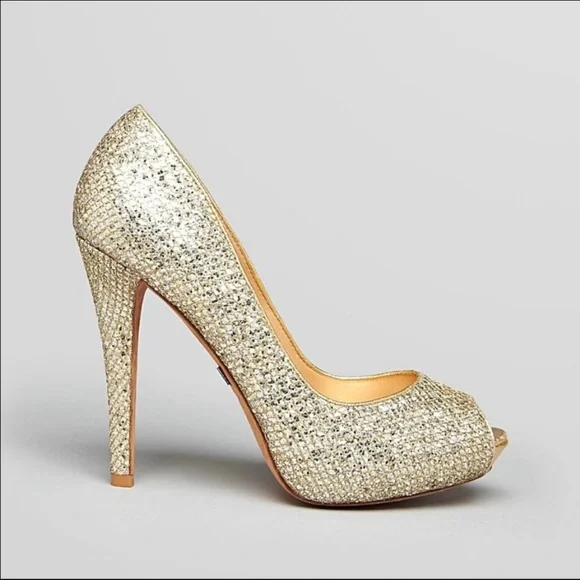 Badgley Mischka Humbie II Metallic Glitter Fishnet Open-Toe Pump Size 7M - Picture 2 of 5